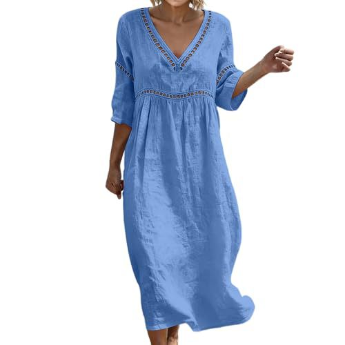 Women's Floral Print Ruched Midi Dress with Deep V-Neck and Five-Quarter Sleeves