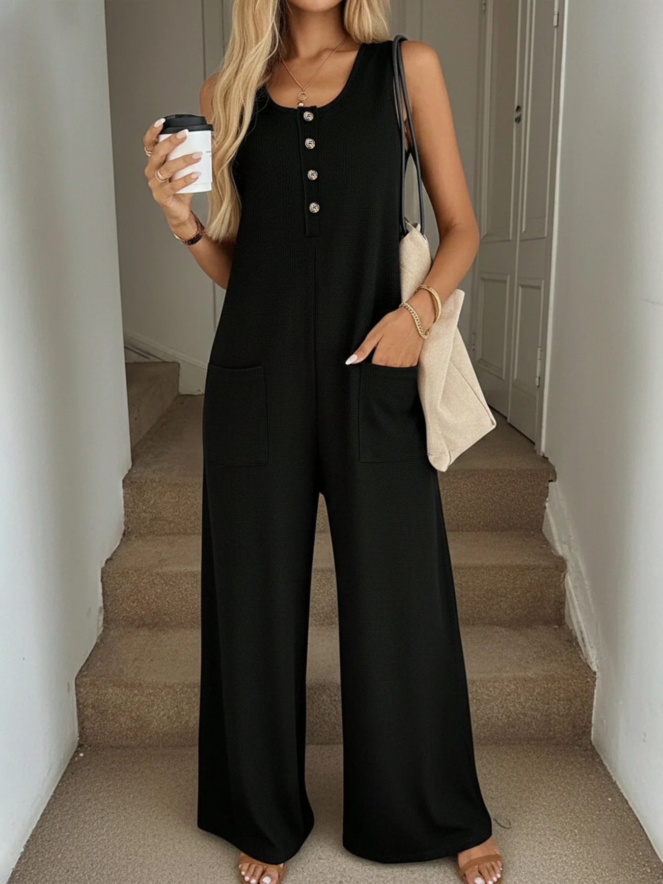 Women's Solid Color Loose Wide-Leg Sleeveless Jumpsuit with Pockets