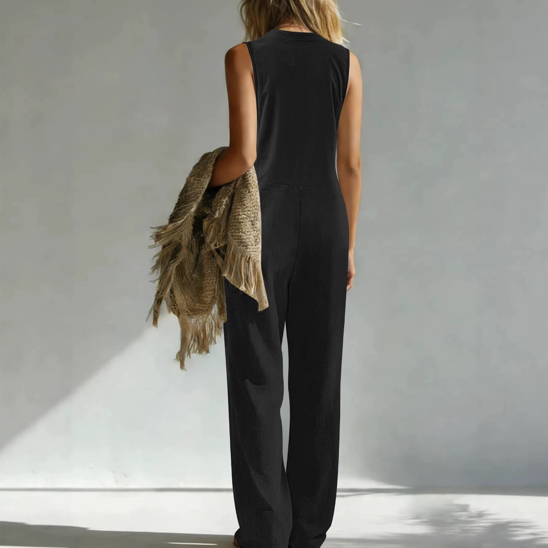 Women's Solid Wide-Leg Sleeveless V-Neck Button Jumpsuit