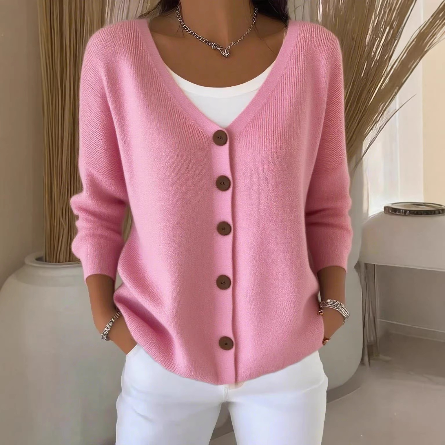 Women's Solid Knit Cardigan Sweater Coat V-Neck Button-Up Relaxed Fit