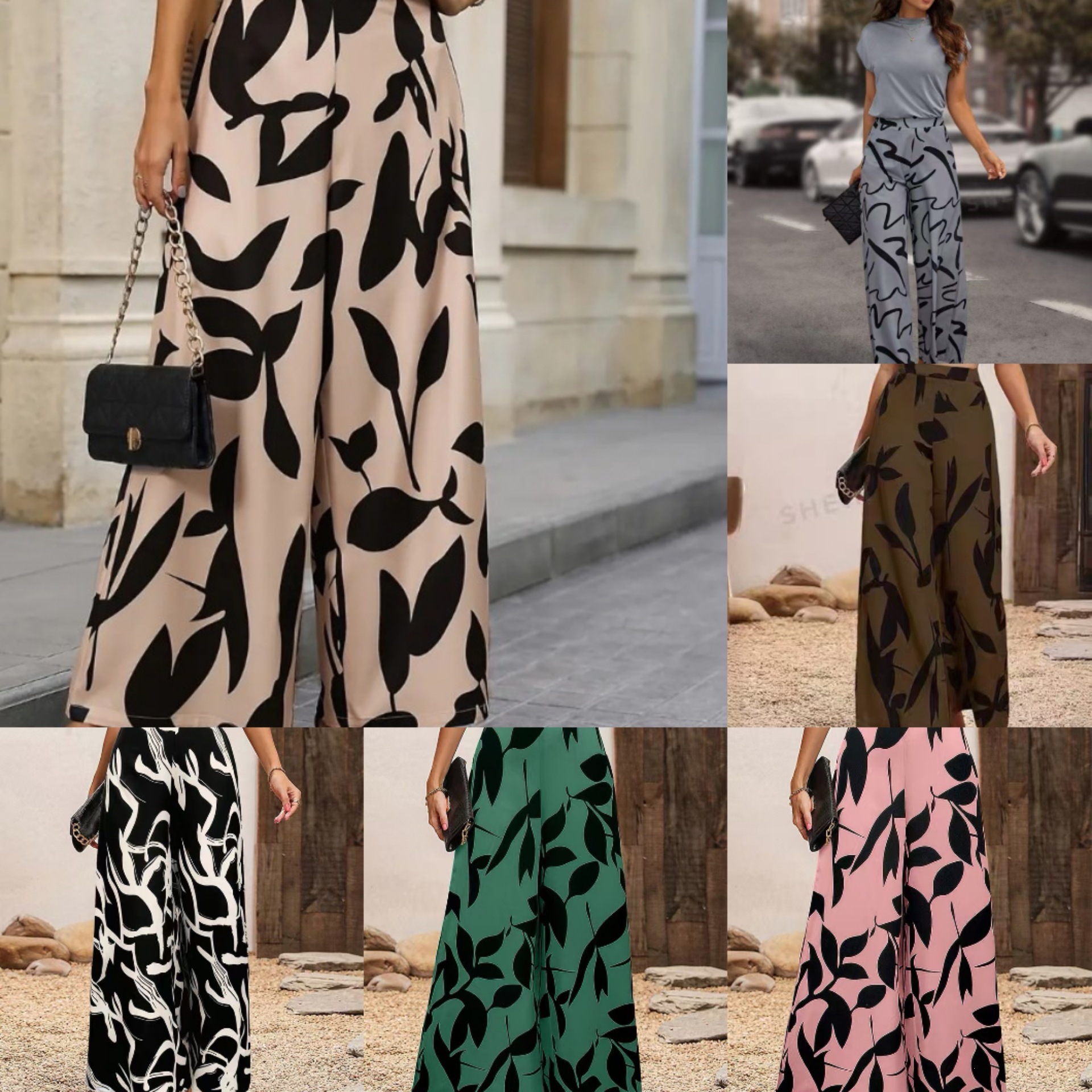 Leaf Print Wide-Leg Casual Pants for Women