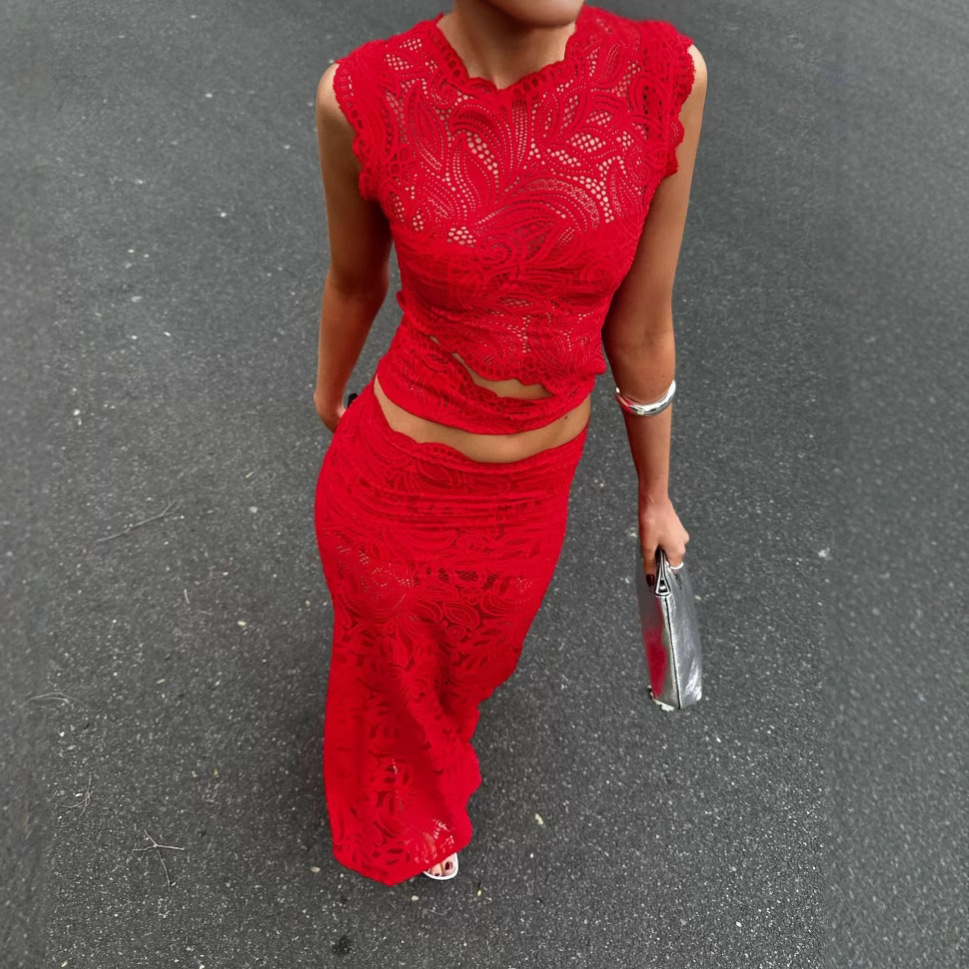 Red Sleeveless Lace Crop Top and Mermaid Skirt Set