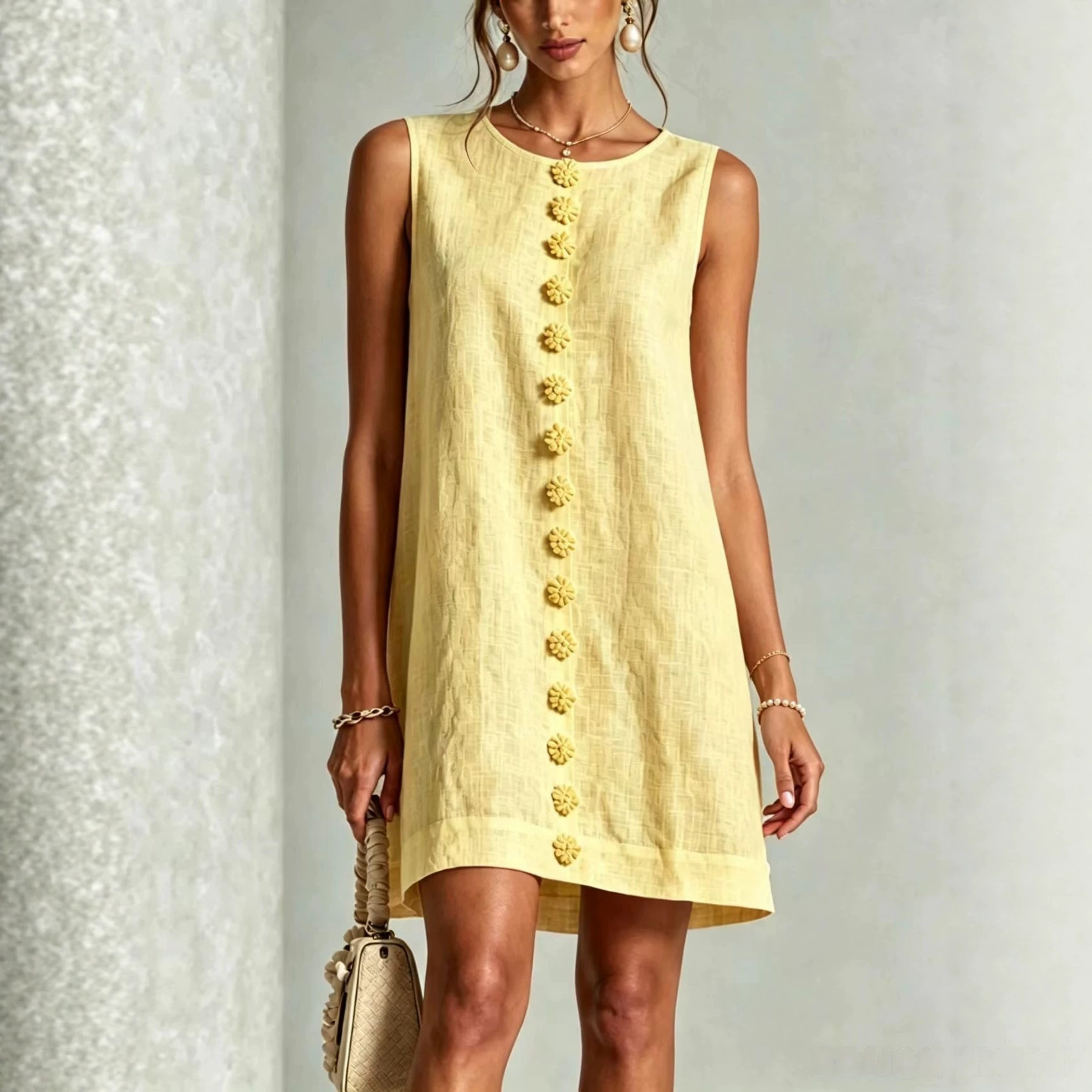 Sleeveless Round Neck Shell Button Front Slit Fitted Dress