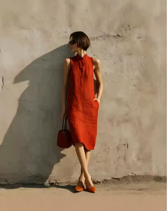 Sleeveless Linen Straight Dress Minimalist Textured Cotton-Linen Midi