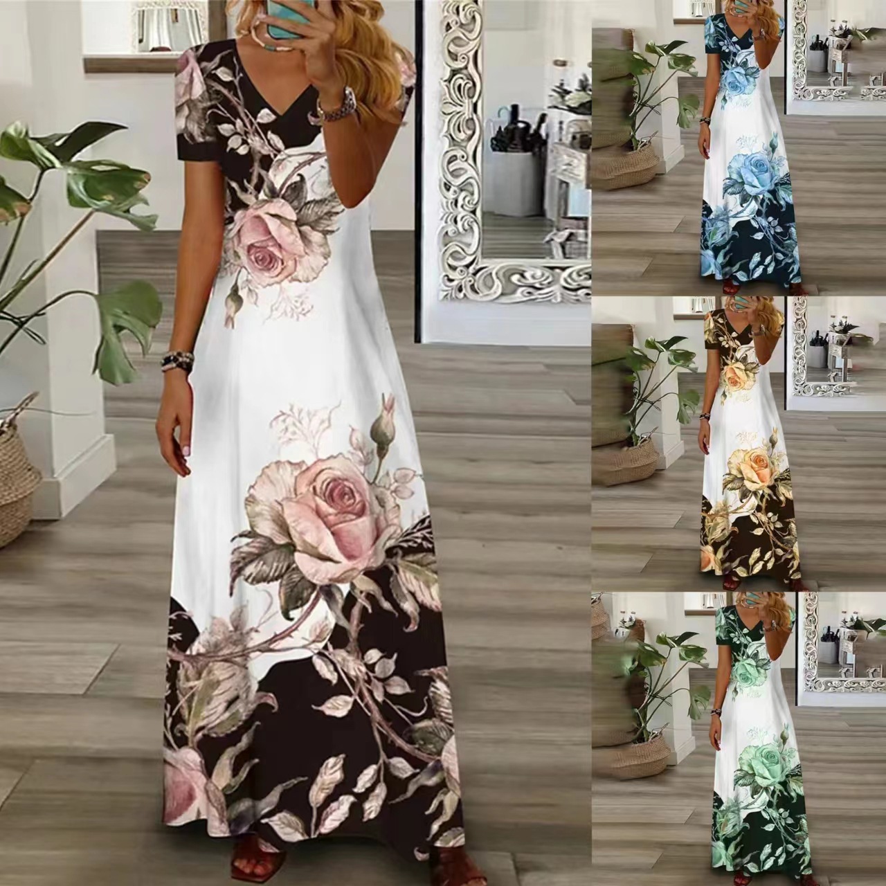 Women's Floral Print V-Neck Button Midi Dress