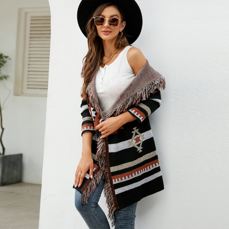 Oversized Hooded Long Fringe Geometric Jacquard Cardigan