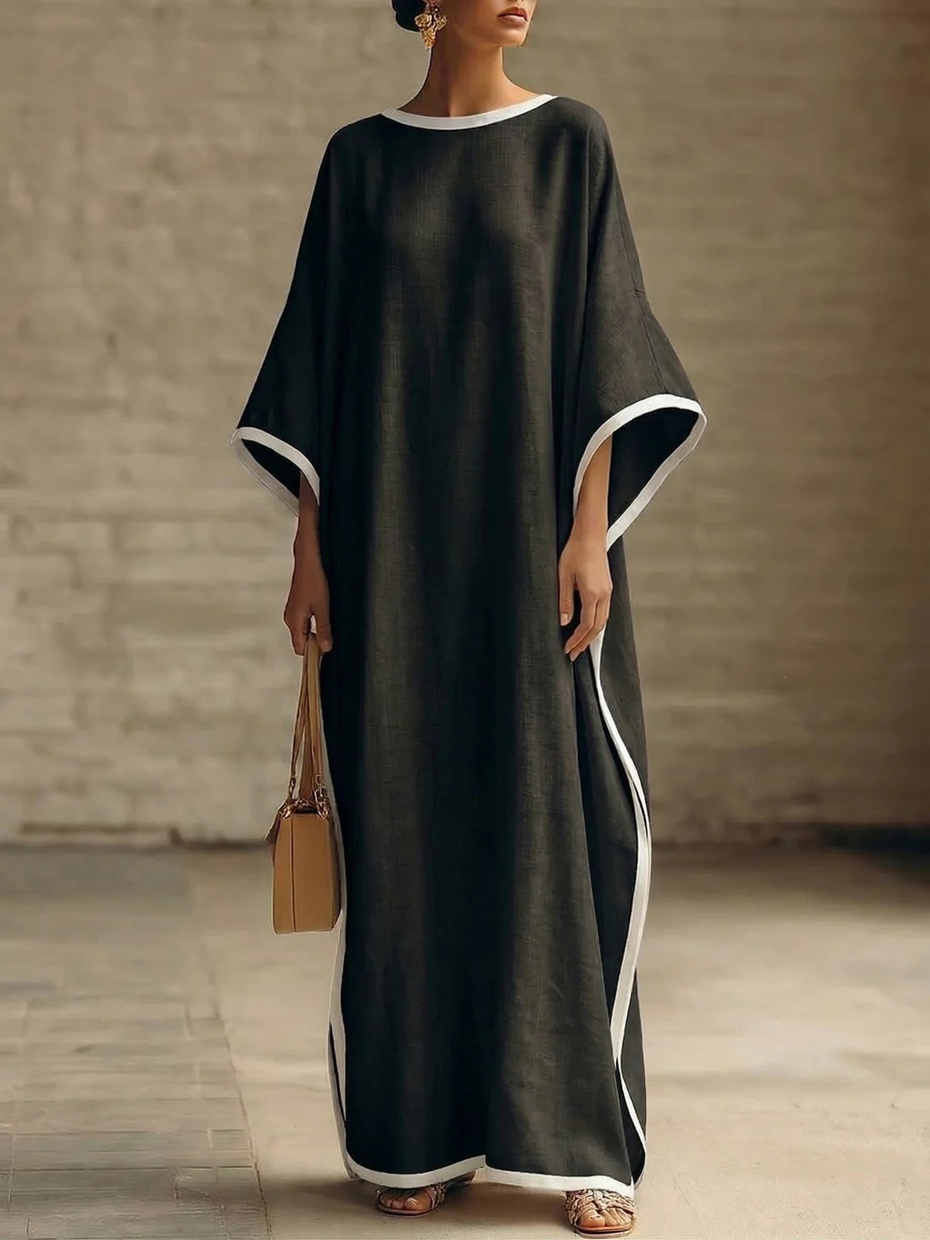 Women's Vintage Round Neck Batwing Sleeve Long Dress