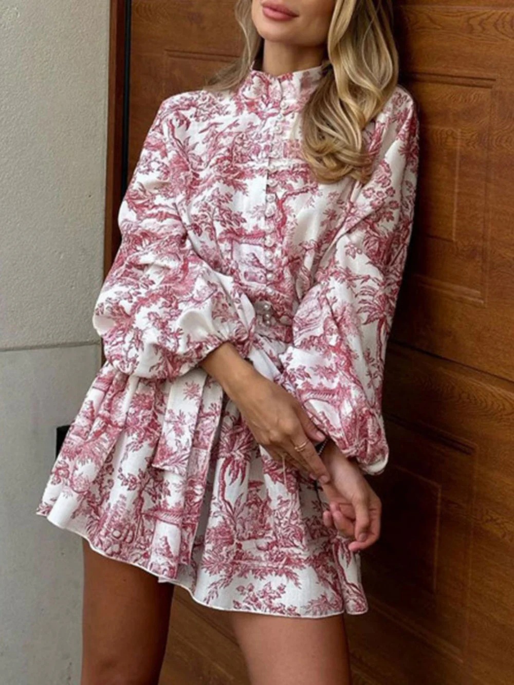 Elegant Long Sleeve Tie-Front Chinese-Inspired Print Dress