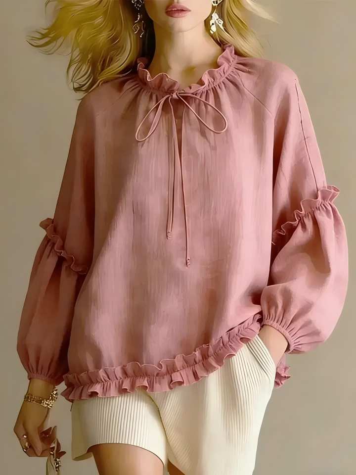 Women's Casual Crewneck Long Sleeve Crinkled Loose Top