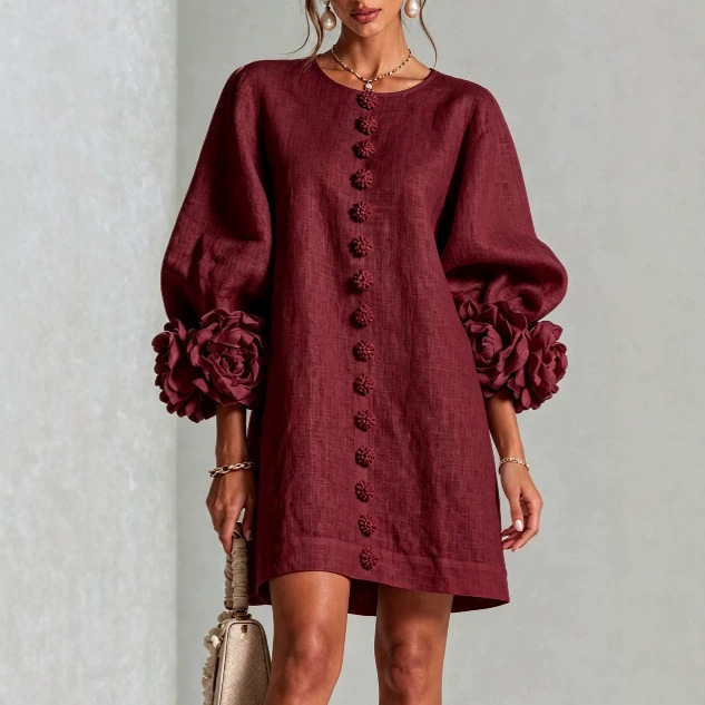 French-Style 3D Floral Lantern-Sleeve Solid Dress with Round Neck and Button Front