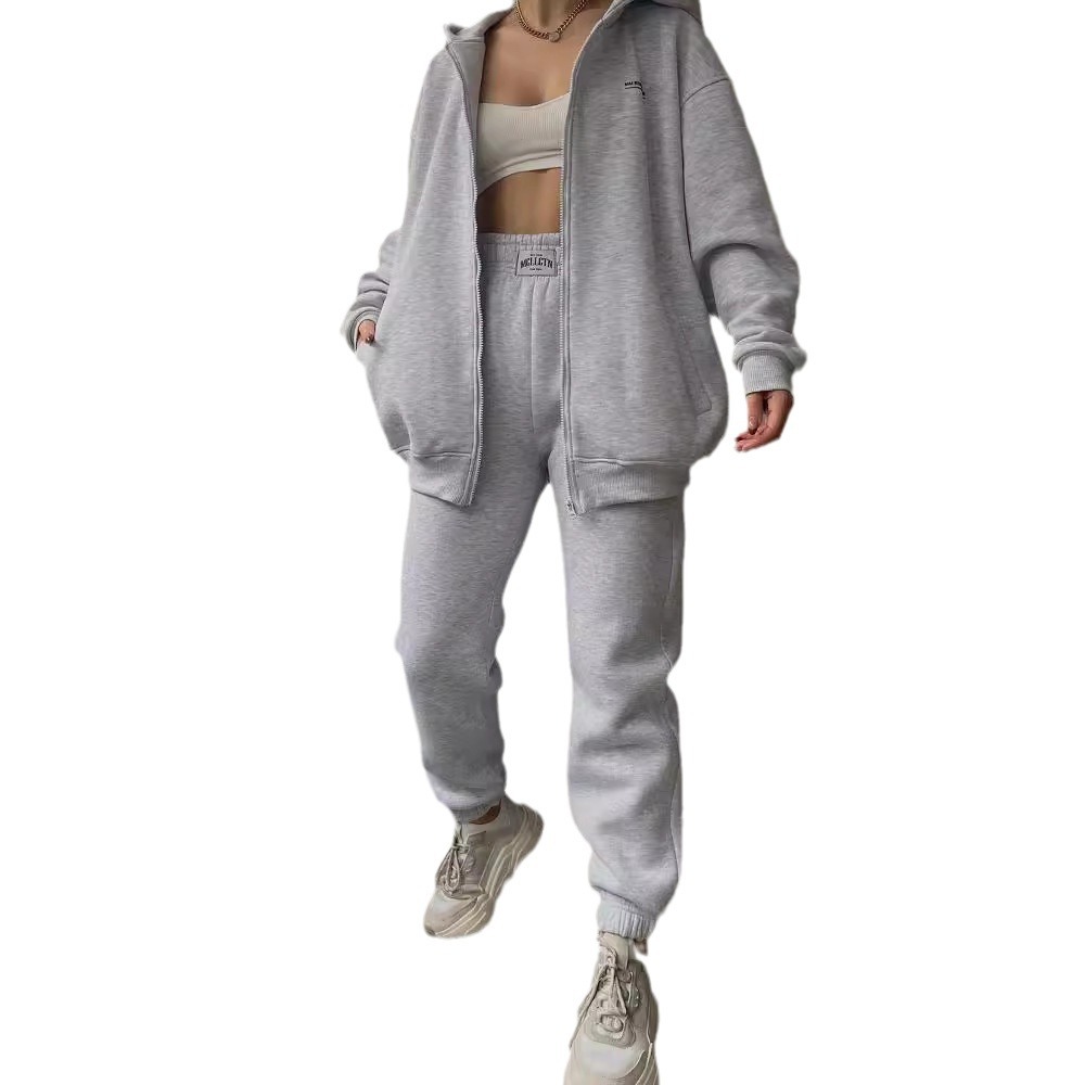 Women's Fleece-Lined Long Sleeve Hoodie and Pants Set with Letter Print