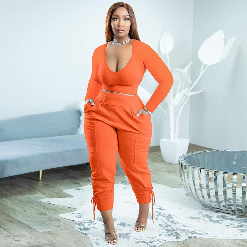 Women's V-Neck Tie-Strap Long Pants Casual Set