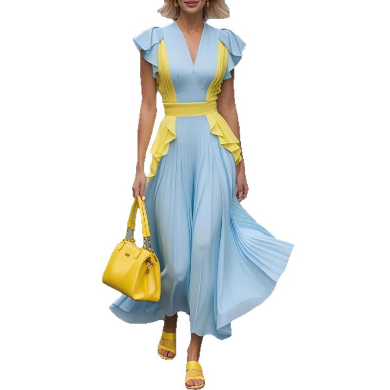 Elegant Color-Block Pleated V-Neck Long Dress with Spliced Slim Fit