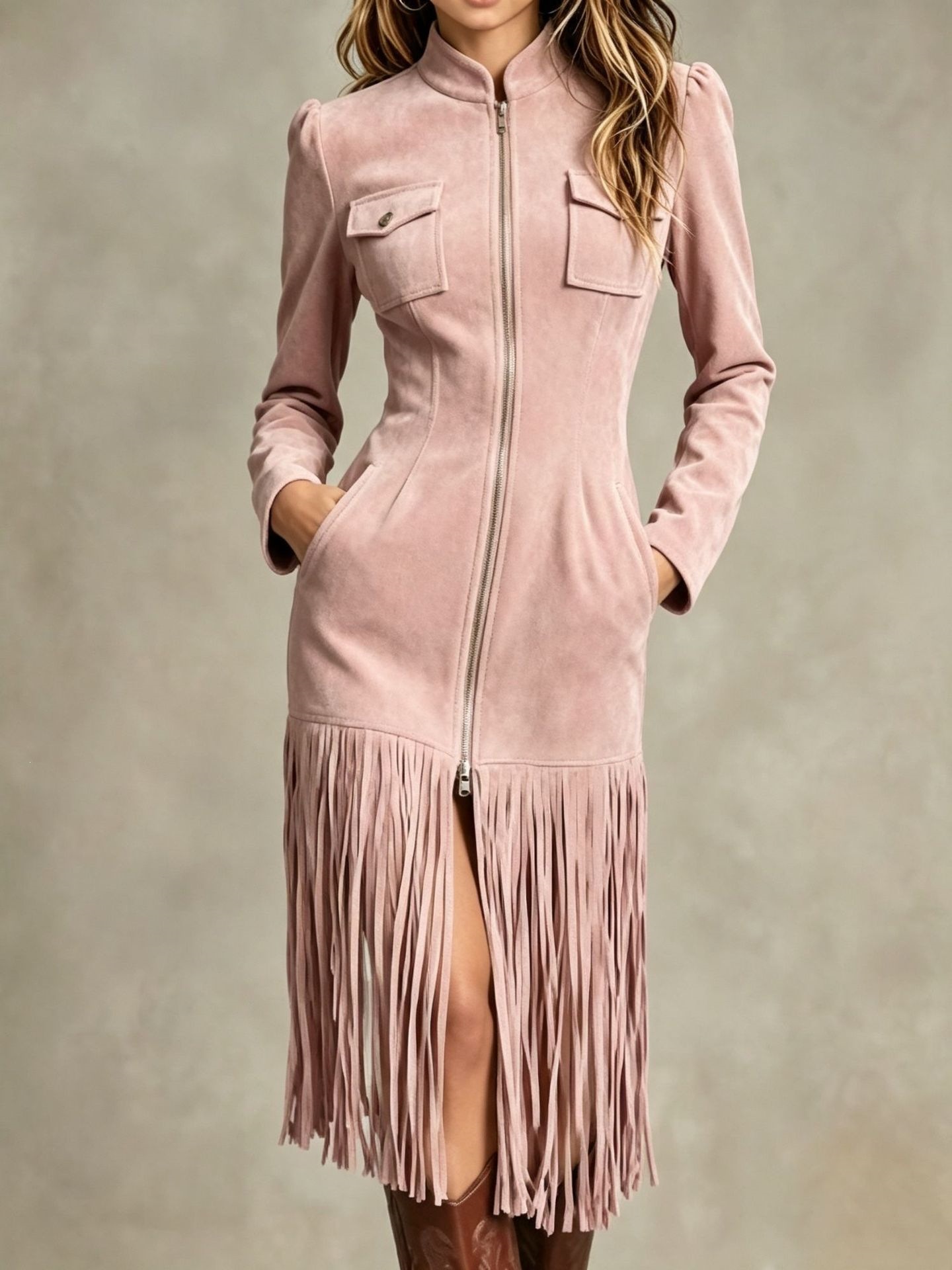 Retro Faux Suede Fringe Dress with Pockets and Zip Hem