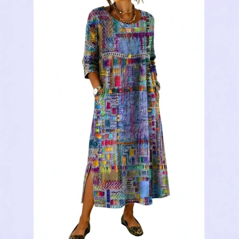 Women's Boho Novelty Print A-Line Midi Dress Long Sleeve