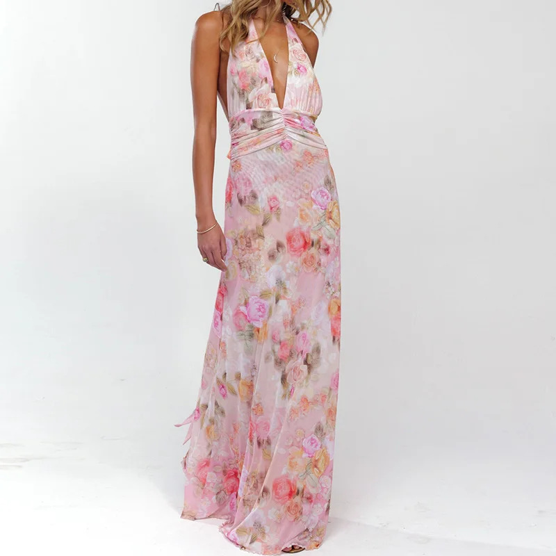 Women's Summer Polka Dot Halter Open-Back Vacation Dress