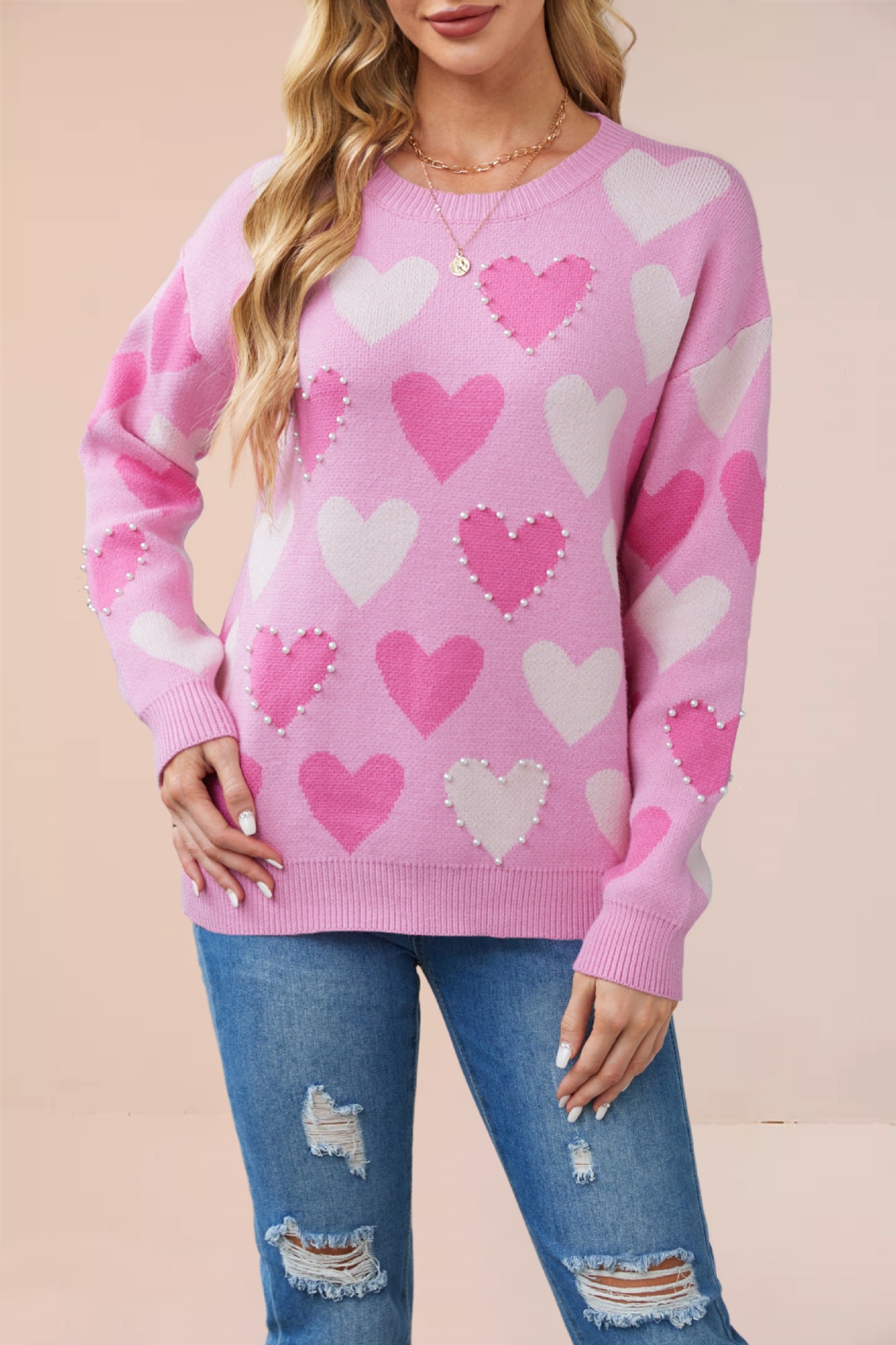 Beaded Heart Crewneck Knit Sweater for Women