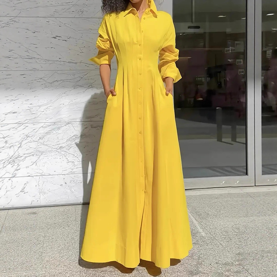 Elegant Loose Single-Breasted Slit Shirt Dress Long Dress