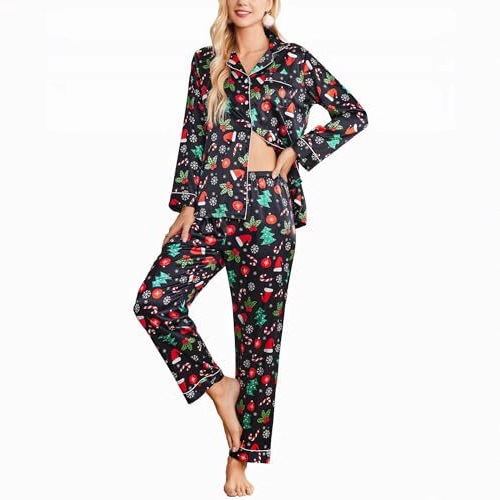 Women's Cuban Collar Butterfly Christmas Sock & Hat Print Long Sleeve Shirt Set