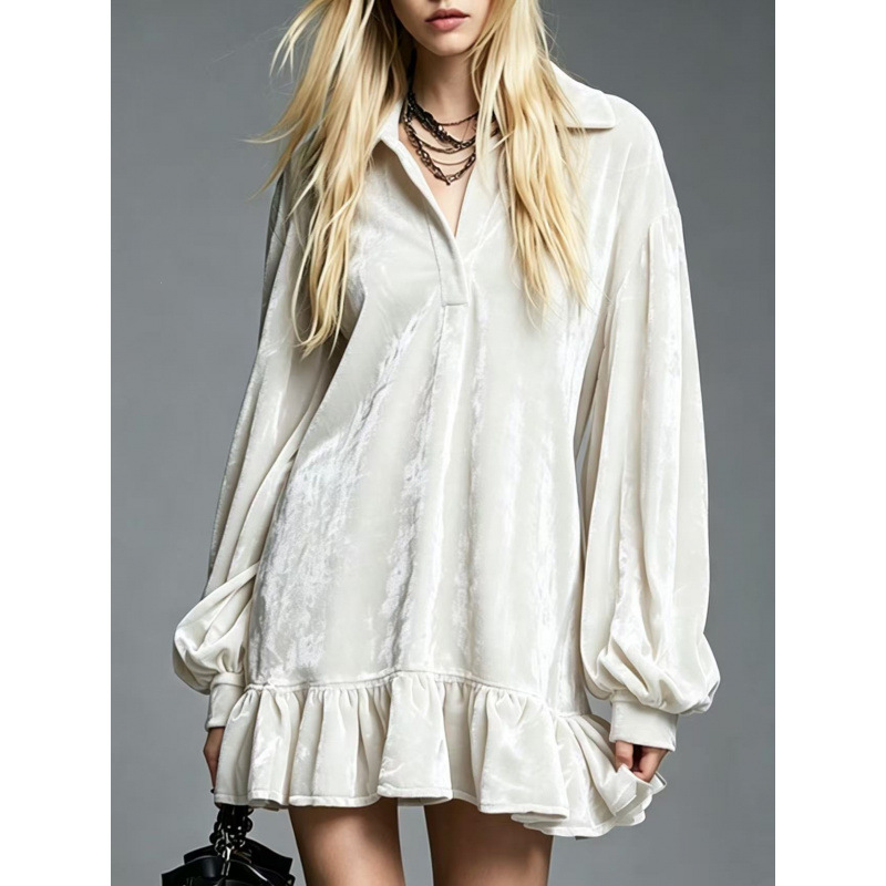 French-Style Velvet Lantern-Sleeve Ruffle Collared Shirt Dress