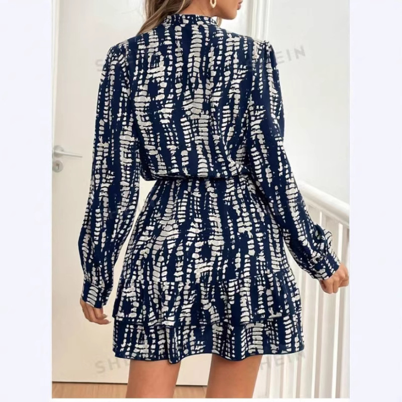 Women's Slim Fit Long Sleeve V-Neck Ruffle Dress