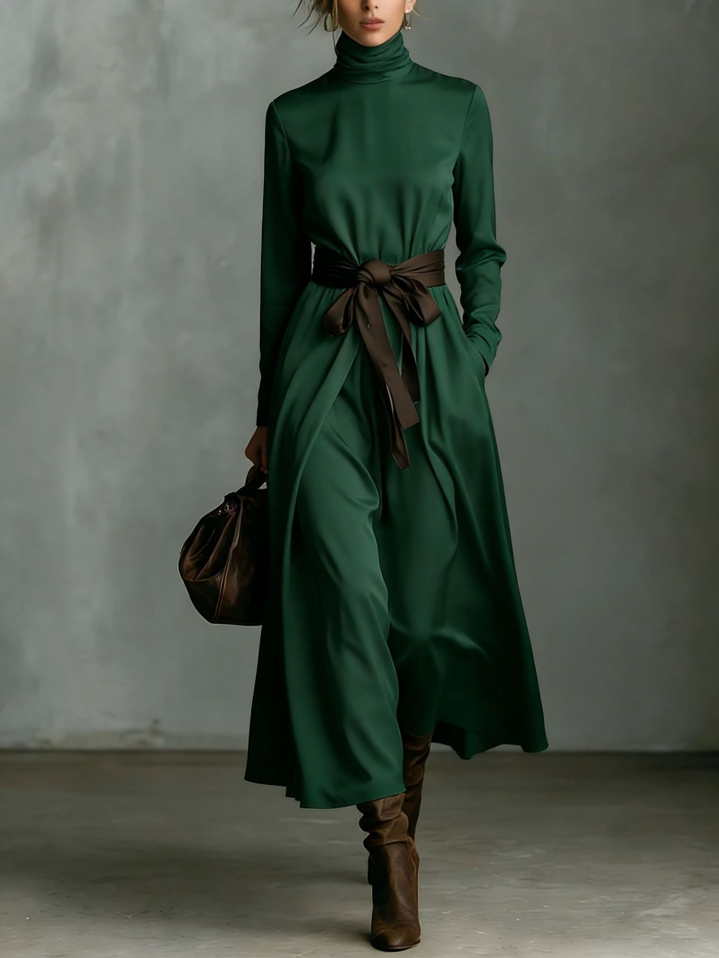 Women's High Neck Long Sleeve Midi Dress with Contrast Belt