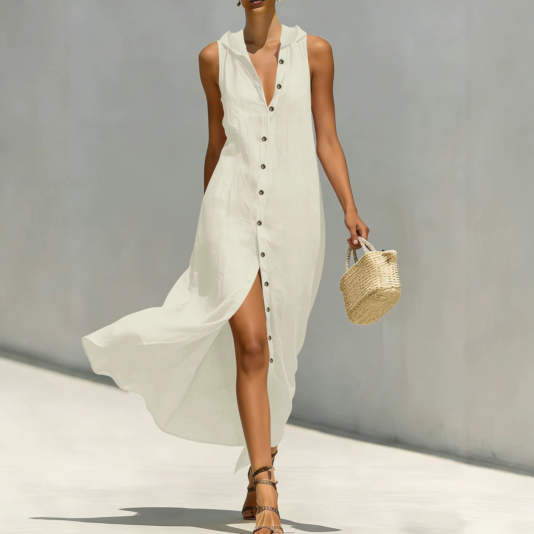 Solid Hooded Sleeveless Dress with Button-Front Cardigan