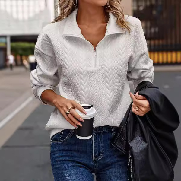 Women's Casual Pullover Long Sleeve Knit Top Half-Zip Collared Sweatshirt