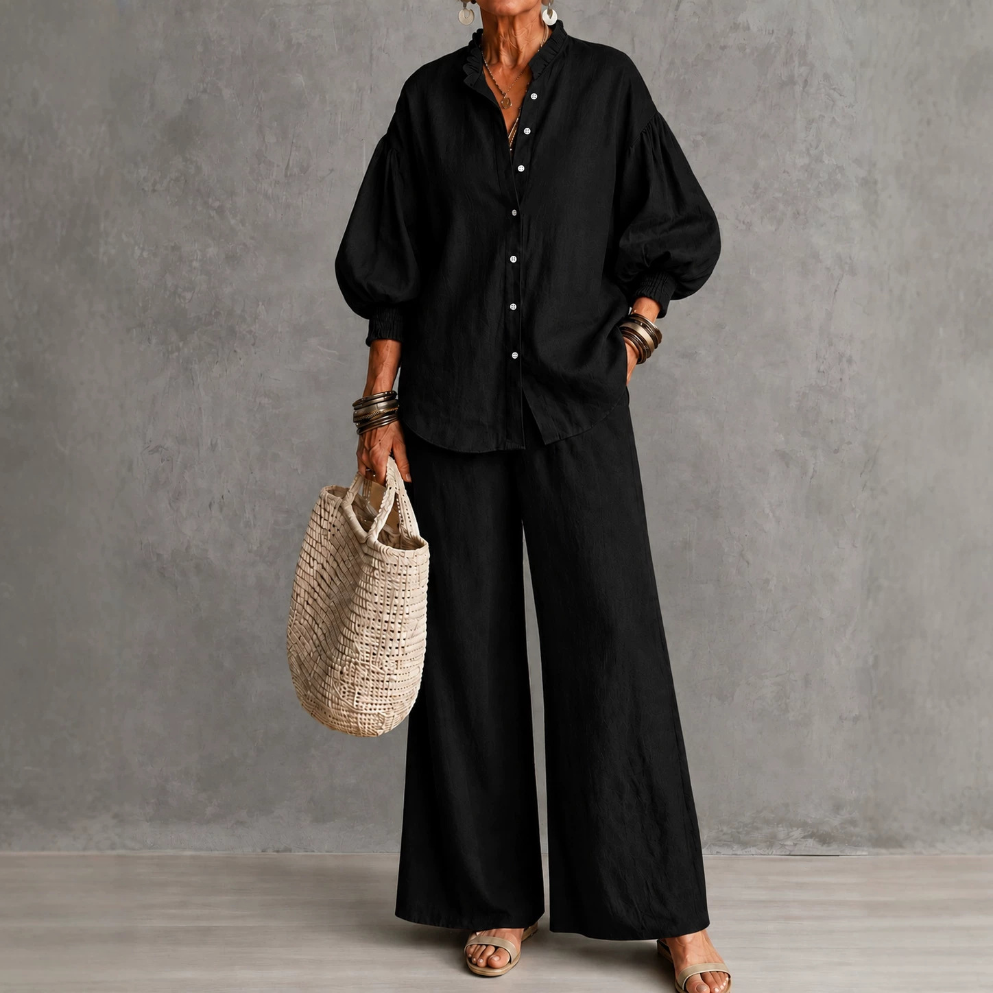Women's Solid Ruffle Stand Collar Lantern Sleeve Shirt & Wide-Leg Pants Two-Piece Set