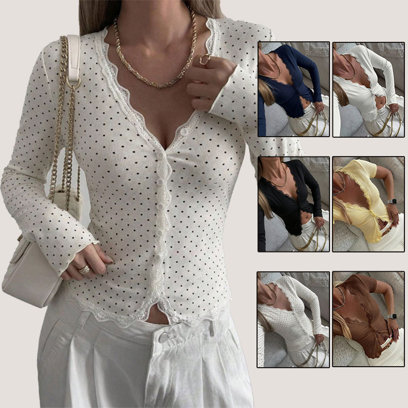 Lace Trim Long Sleeve V-Neck Slim Fit Top