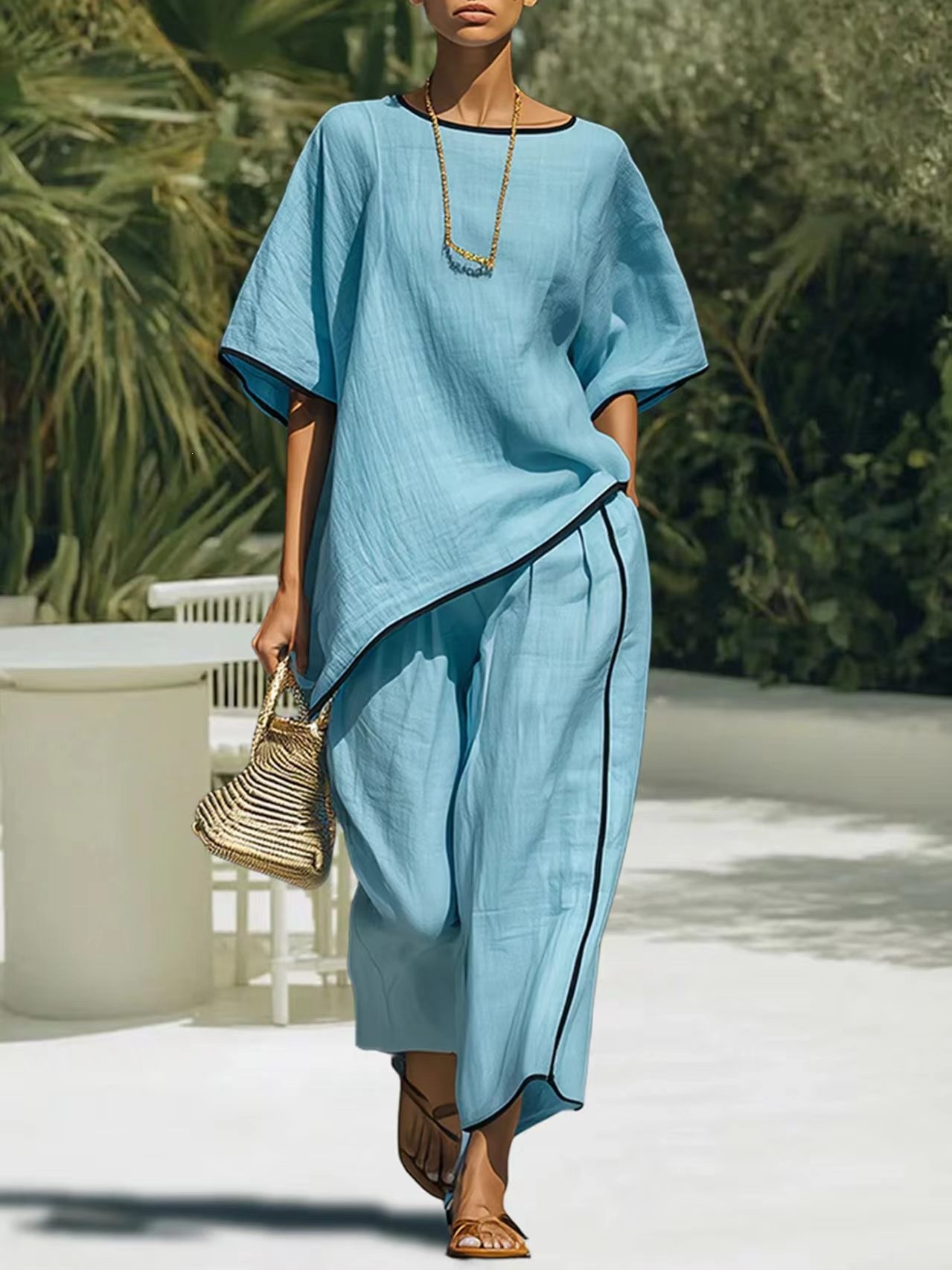 Women's Elegant Round Neck Short Sleeve Two-Piece Pant Set