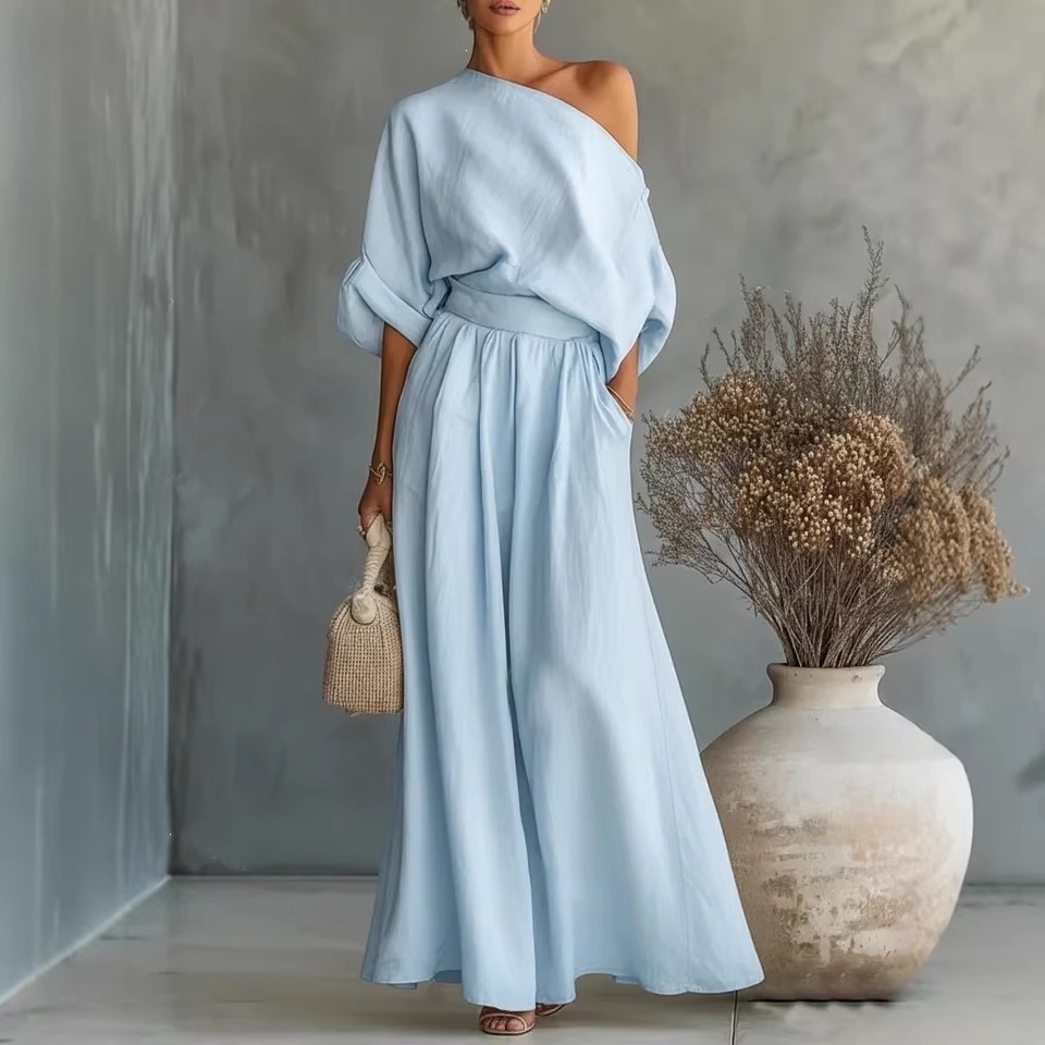 Elegant One-Shoulder Waist-Cinching Top and Skirt Two-Piece Set