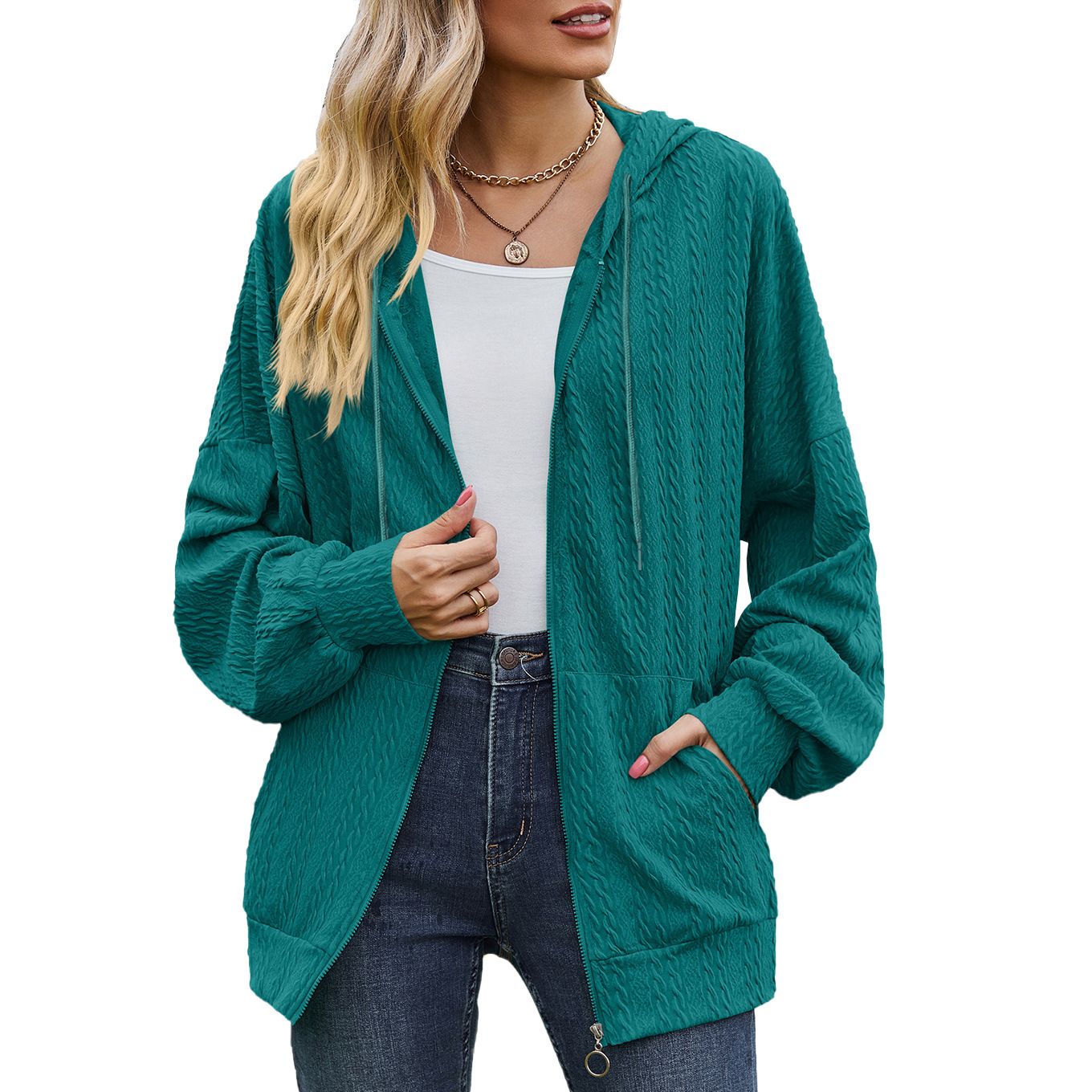 Women's Crinkled Textured Hooded Zip-Up Loose Fit Long Sleeve Cardigan Sweatshirt