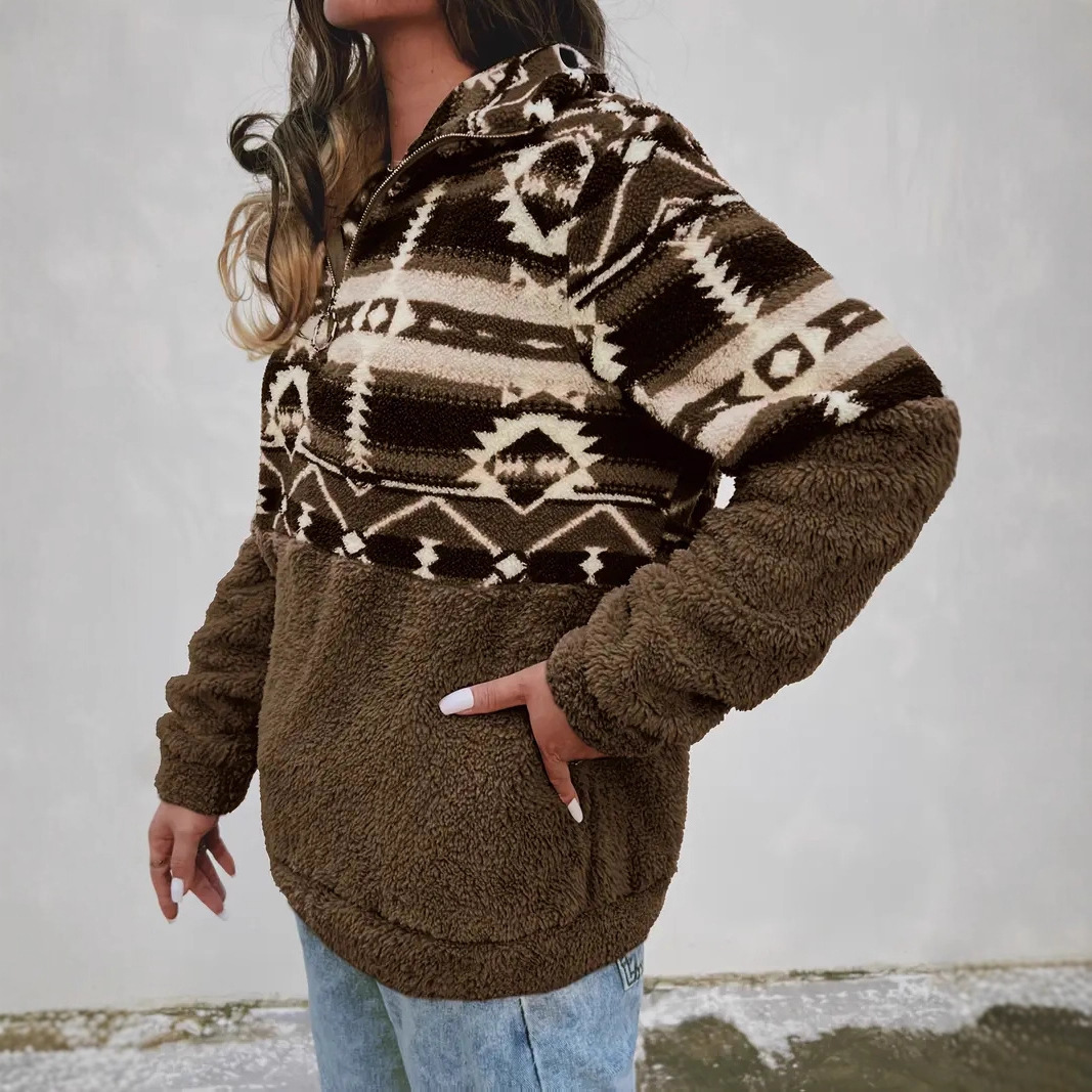 Geometric Print Long Sleeve Zip-Up Fleece-Lined Hoodie for Women