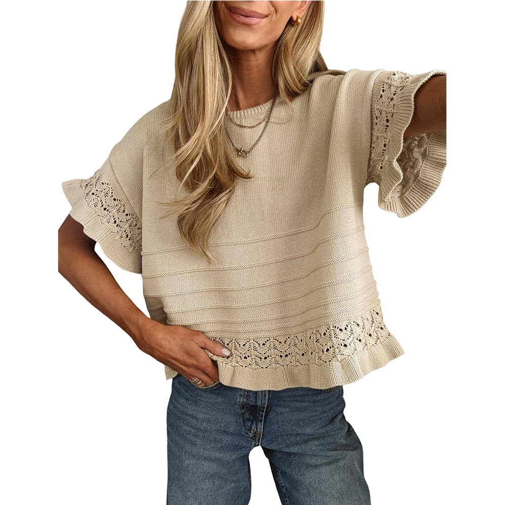 Women's Round Neck Hollow Knit Short Sleeve Ruffle Sweater Loose Top
