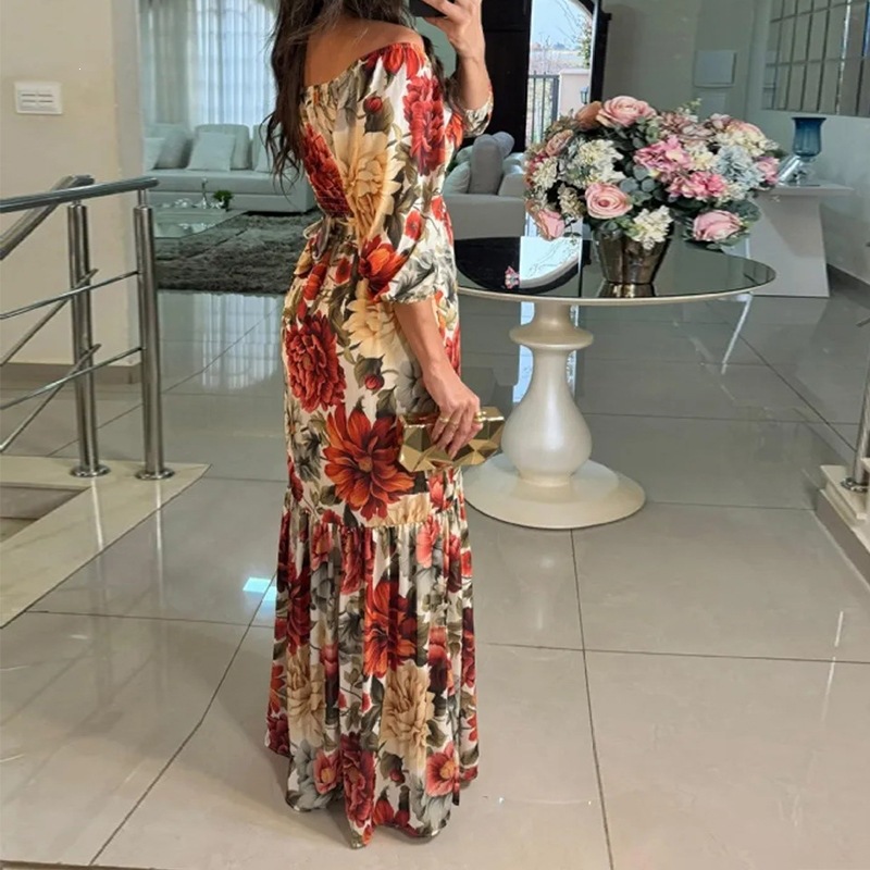 Women's Pleated Floral Print Maxi Dress with V-Neck and High Waist