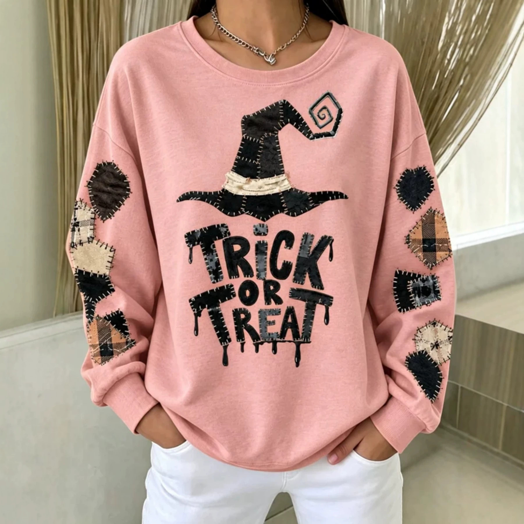 Halloween Witch Hat Letter Print Long Sleeve Pullover Sweatshirt