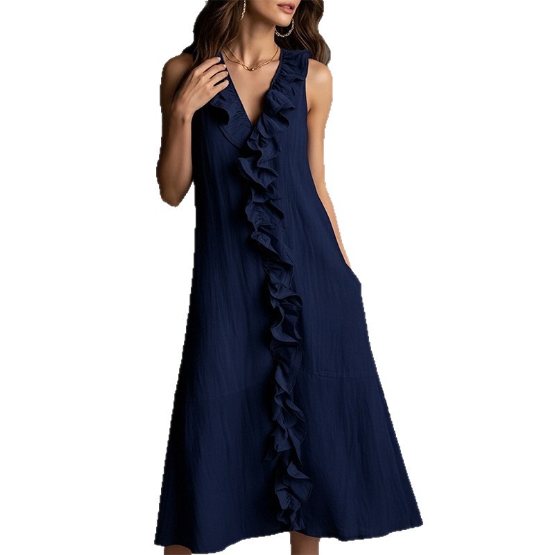 Women's Summer Sleeveless V-Neck Lace Trim Solid Color Loose Casual Dress