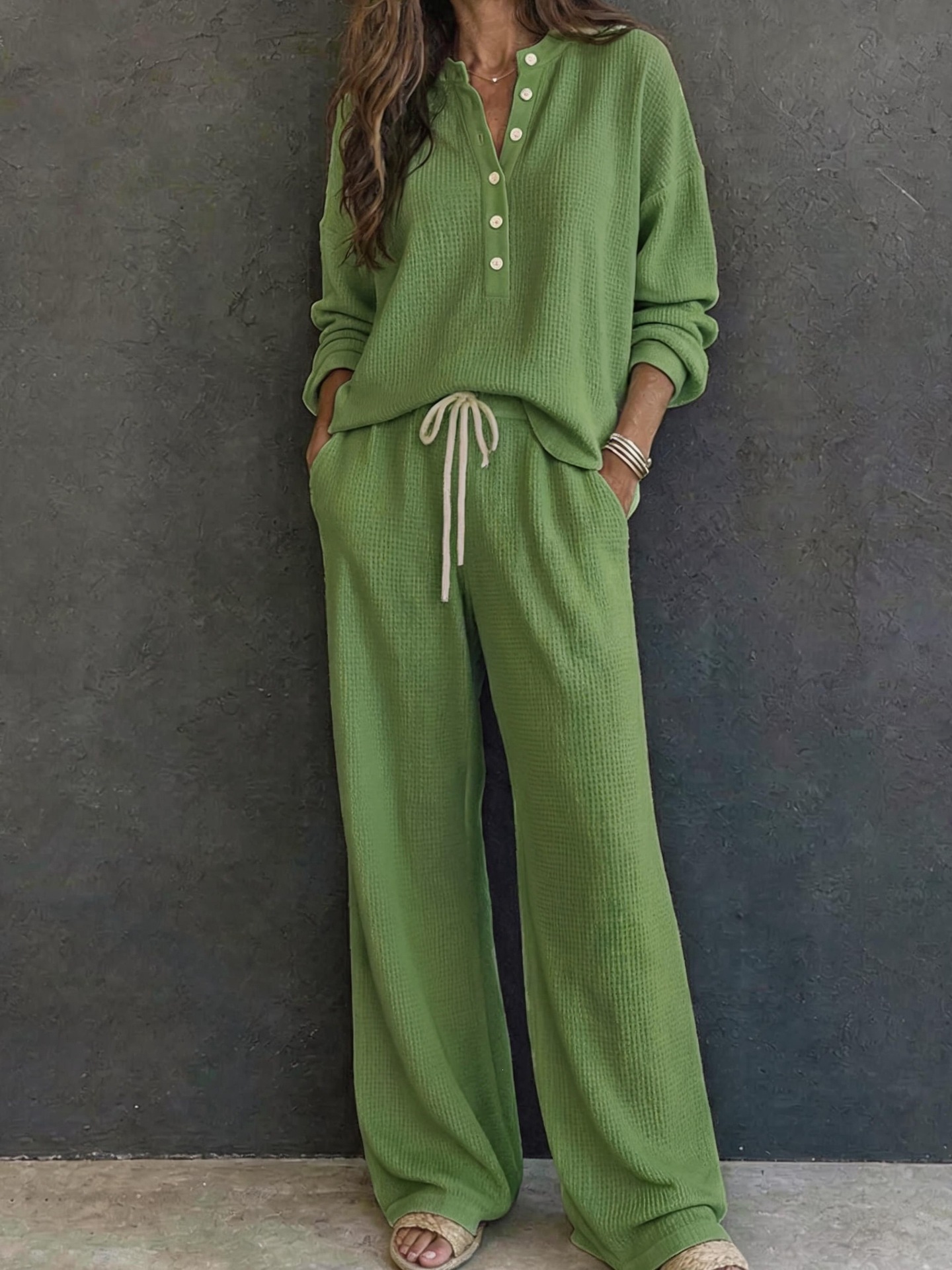 Women's Retro Waffle Knit Long Sleeve Top and Pants Set