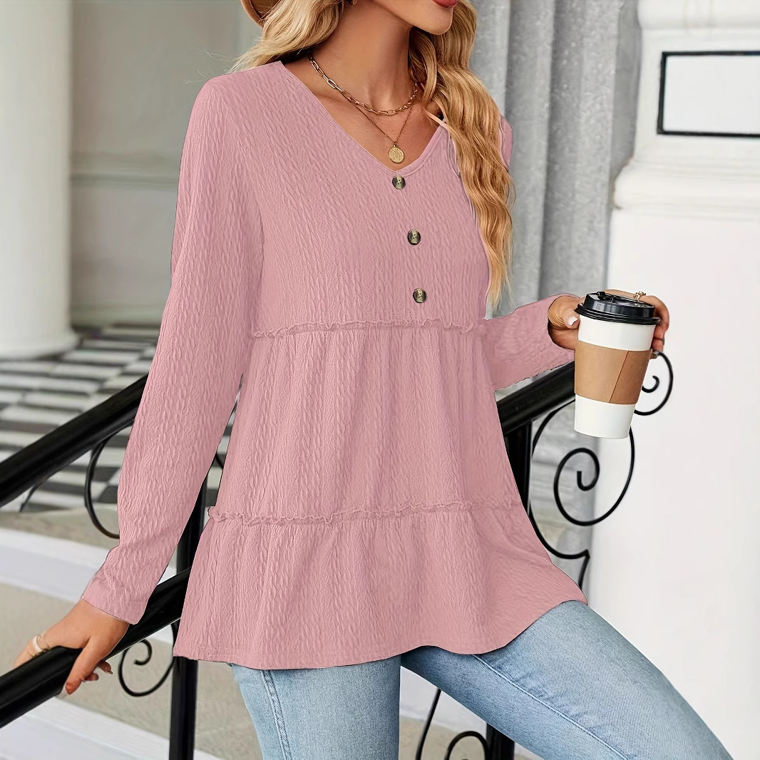 Solid V-Neck Button-Detail Loose Long-Sleeve T-Shirt