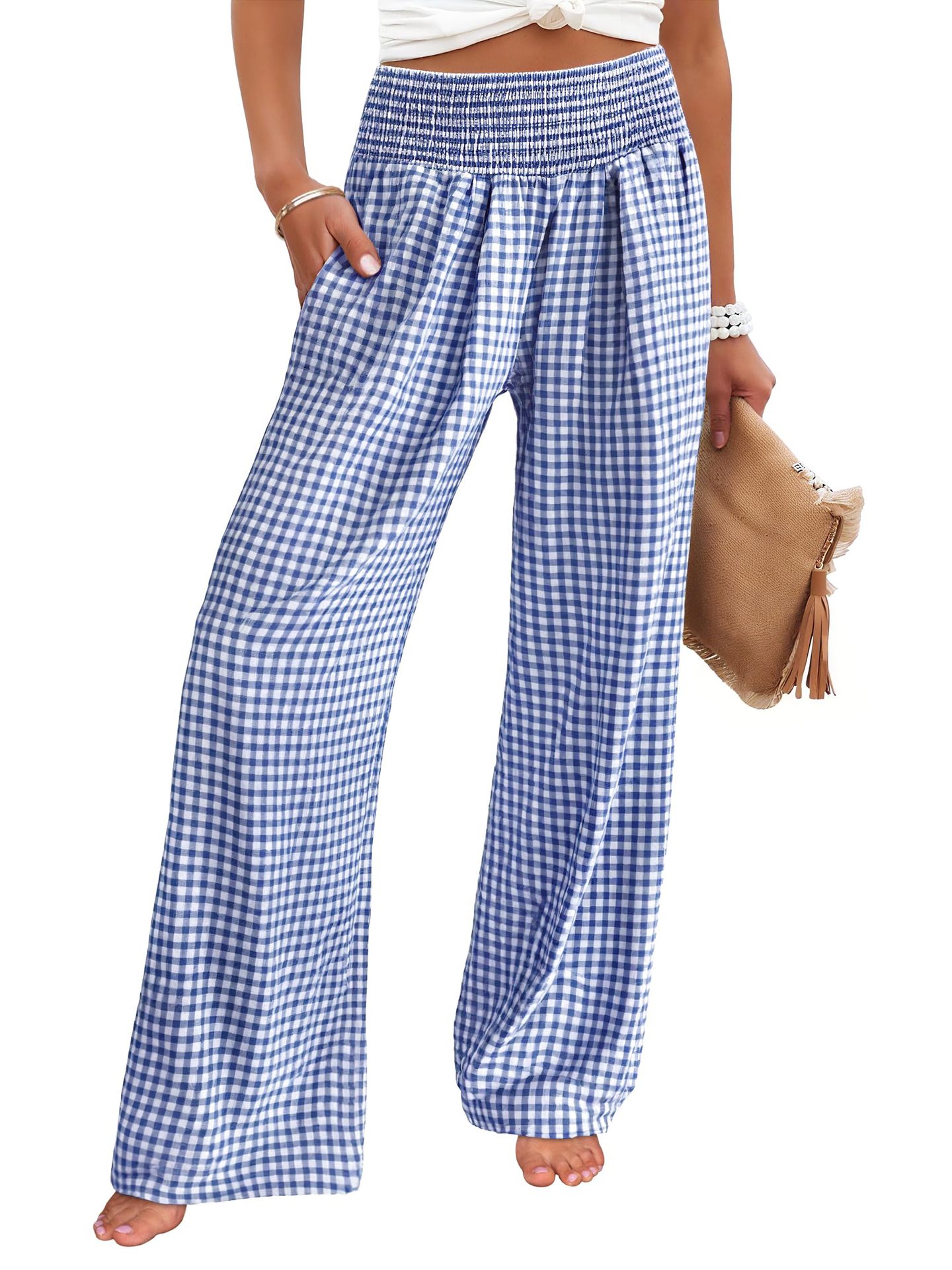 Plaid Wide-Leg High-Waist Pants with Pockets