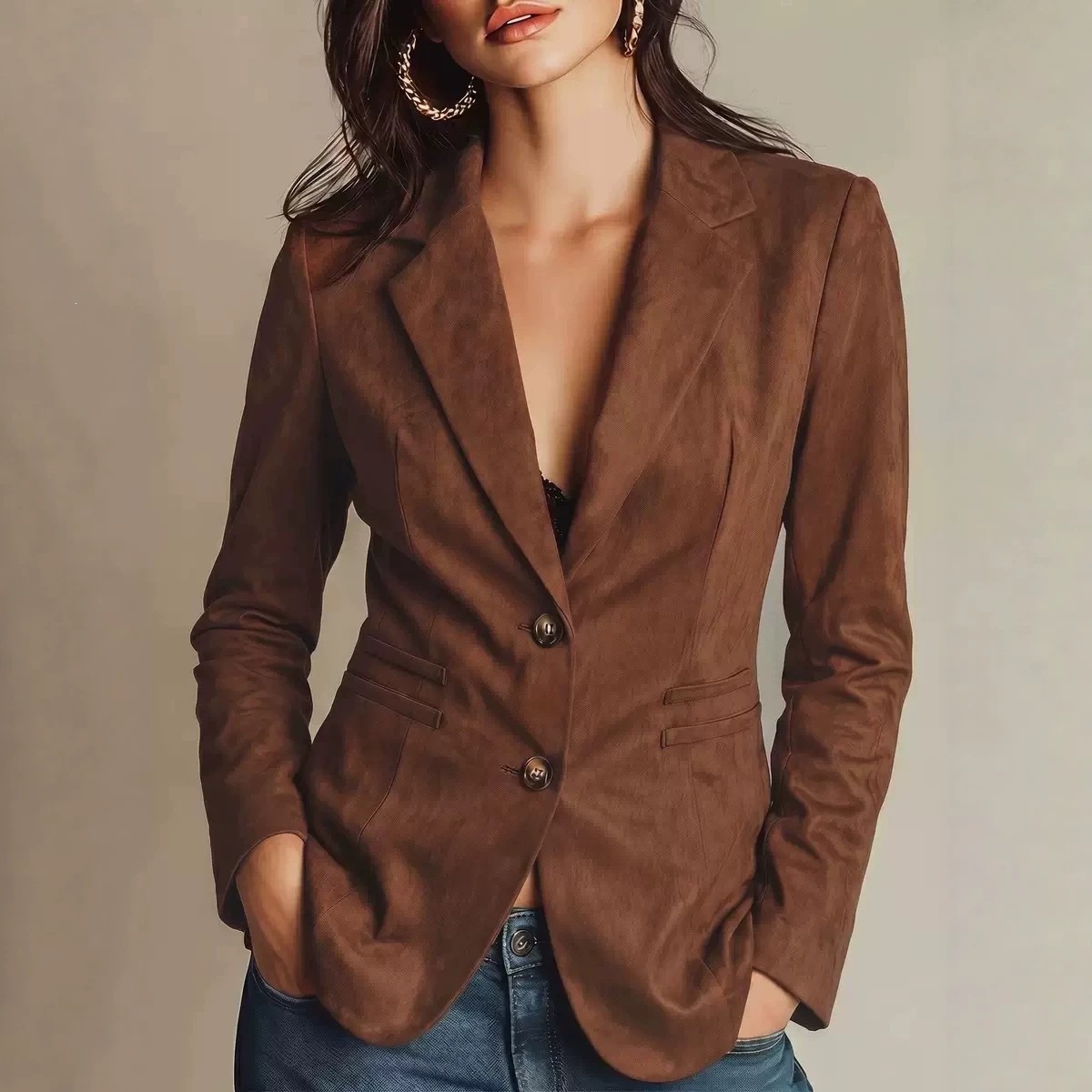 Women's Faux Suede Single-Breasted Jacket Elegant Vintage Blazer Coat