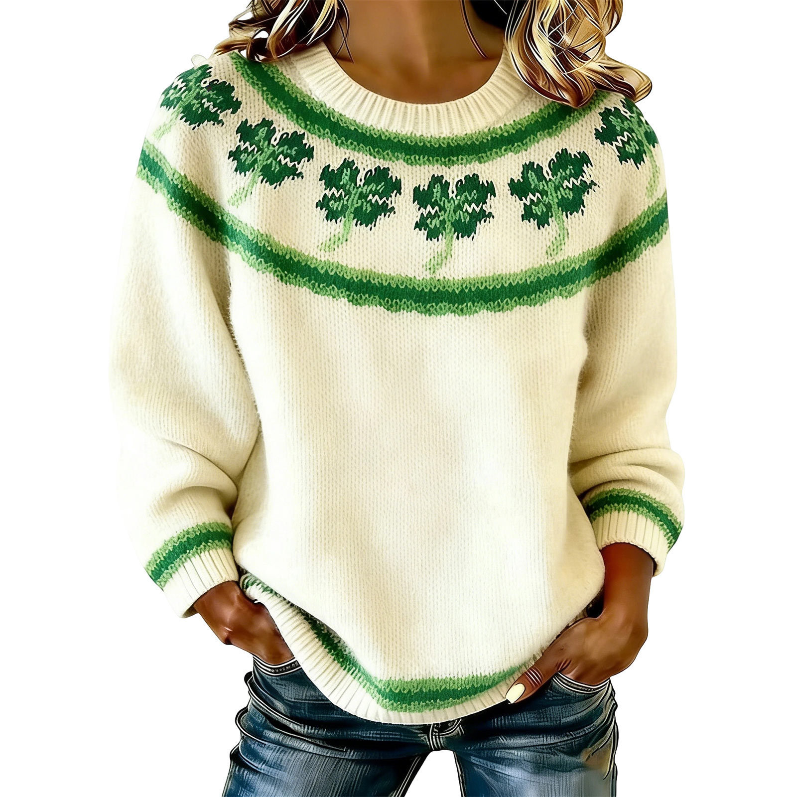 Women's Clover Print Crewneck Sweatshirt Casual Pullover