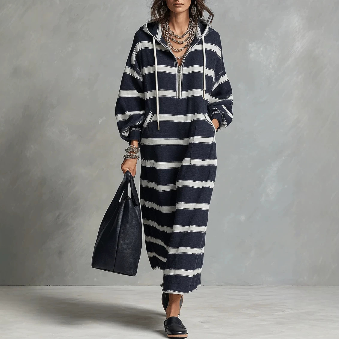 Hooded Half-Zip Loose Plus-Size Print Long Sweatshirt Dress