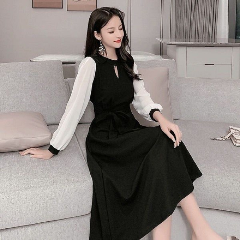 Women's Long Sleeve Little Black Dress A-Line Midi