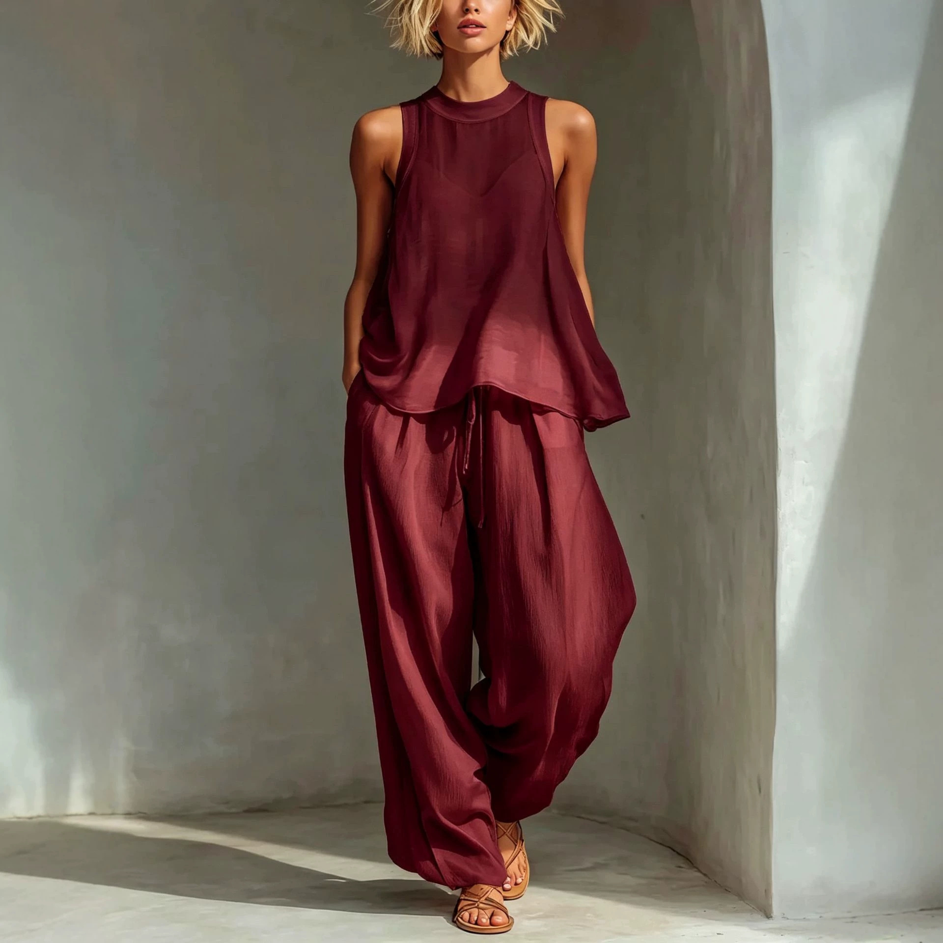Sheer Sleeveless Drawstring Top & Wide-Leg Pants Set