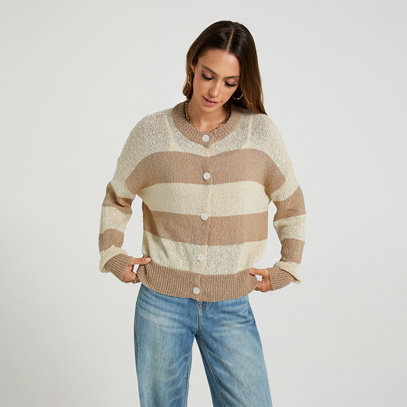 Striped Round Neck Cardigan Sweater Loose Fit Colorblock Knit Top