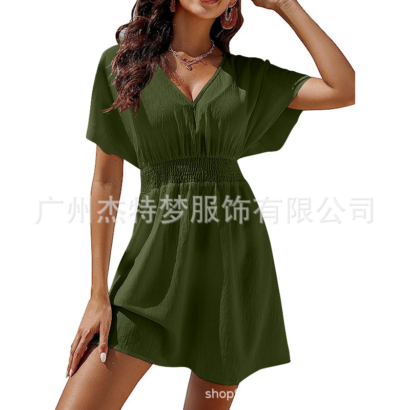 Women's Summer V-Neck Pleated Midi Dress Casual Beach Cover-Up