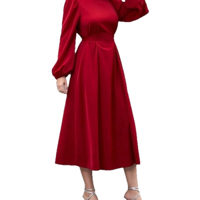 A-Line High-Waist Long-Sleeve Midi Dress with Collar