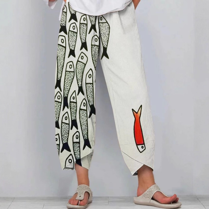 Women's Striped Fish Print Jogger Pants Casual Tapered-Leg